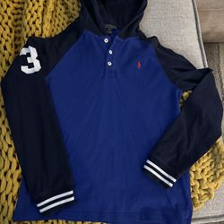 Polo By Ralph Lauren Boys Pull Over Hoodie w/ 3 on Sleeve , Size X Large 18/20, Red Logo Horse 