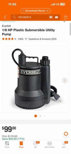 Everbilt Pump 1/6 HP Plastic Submersible Utility (1663)