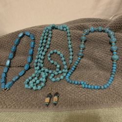 3 Single Strands Of Turquoise Colored Beads Plus 1 Pair Earrings