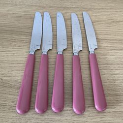 Vtg Dusty Rose Plastic Handle Stainless Knives Set Of 5 Taiwan MCM Cottagecore