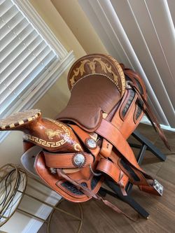 Mexican Charro Saddle - Aztec Calendar Horn, Leather & Silver