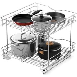 2 Tier (17" W X 18" D) Pull Out Drawer Cabinet Organizer Heavy Duty FULGENTE Chrome Finish New