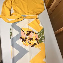 Yellow Floral Bodycon Dress, Size Large