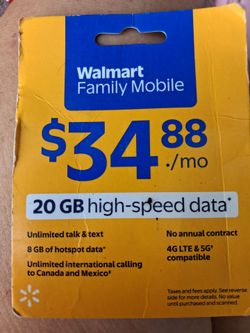 Walmart family mobile $ 34.88/20GB high speed data