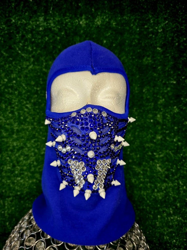 Royal Blue VMS Spike & Rhinestone Balaclava | Couture Face Ski Mask | Swarovski Crystal Mask | Designer Mask