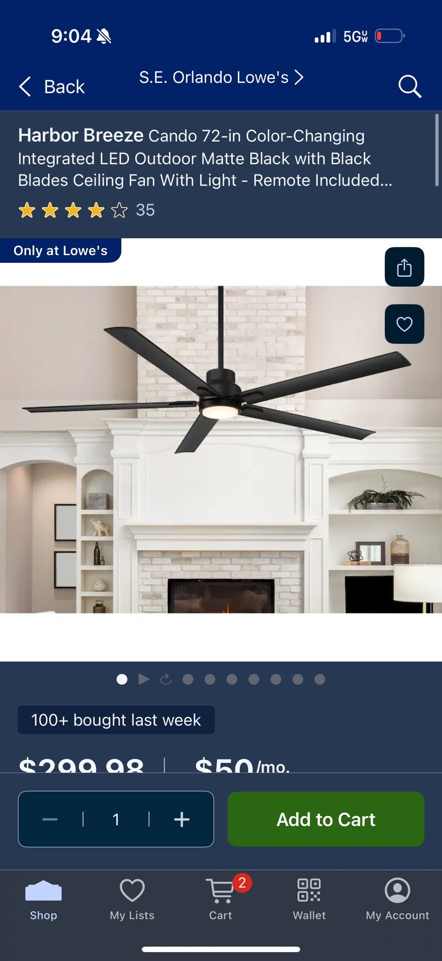 Harbor Breeze Cando 72-in Color-Changing Integrated LED Outdoor Matte Black with Black Blades