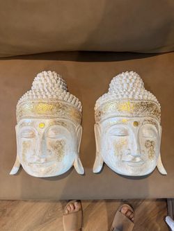 Pair of Large Hand-Carved Thai Buddha Wall Sculptures – White & Gold