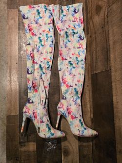 CAMSSOO Women's Over The Knee Boots Faux Suede Elasticity Heels Graffiti Sz 7.5