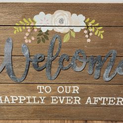 NWT "Welcome to Our Happily Ever After" Rustic Wooden Wedding Decor Sign, no flaws noted