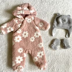 0-3 Months Baby Romper Sherpa Fleece Winter Suit, Hat & Mittens, Blush Pink Floral