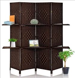 🔥 4 Panels Room Divider Wall Dividers Double Hinged Privacy Wooden Partition   2 Removable Shelves