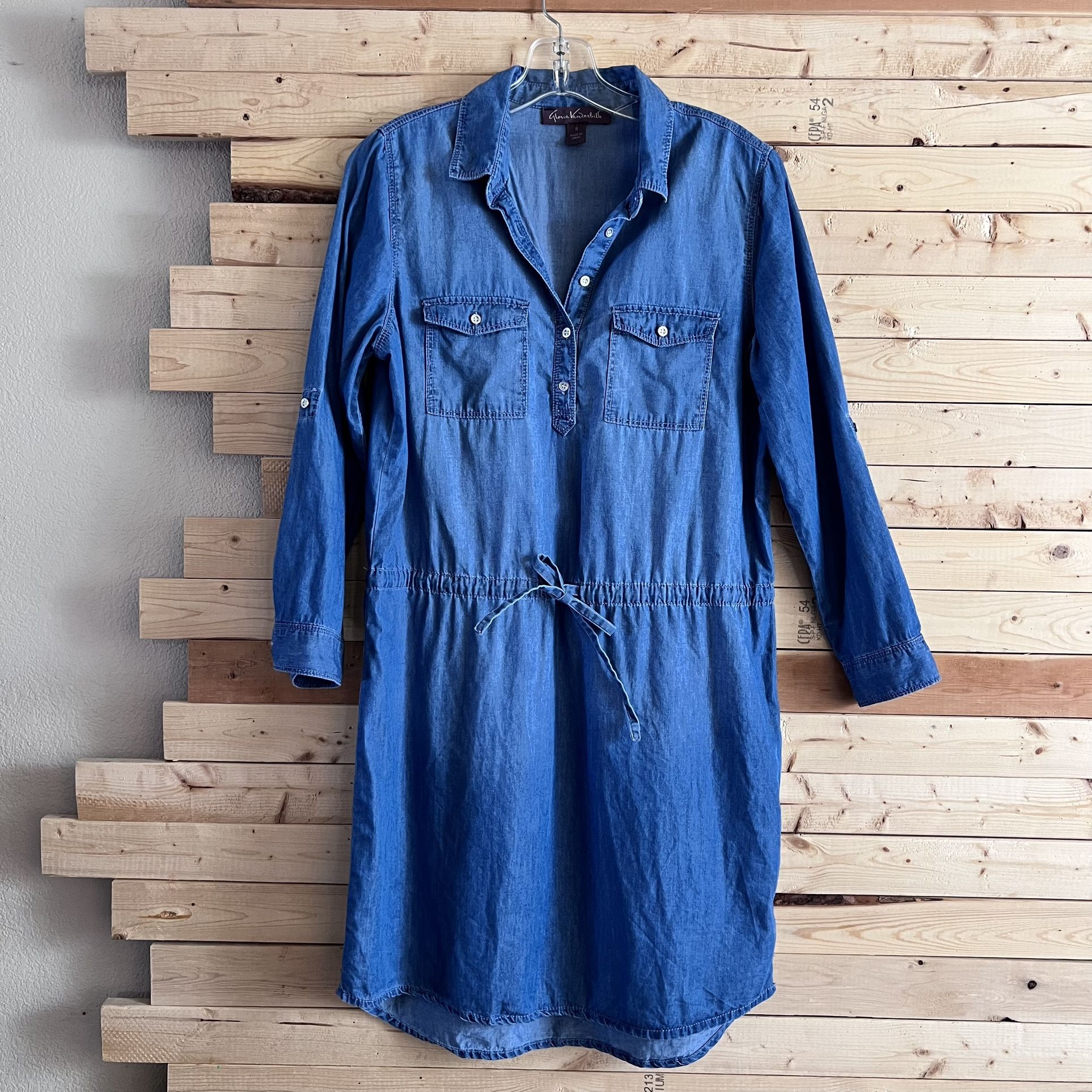 Gloria Vanderbilt Denim Blue Collared Drawstring knee Length Shirt Dress size S