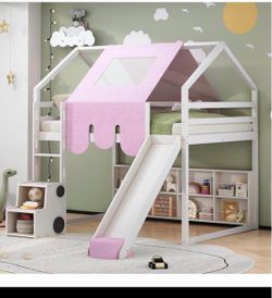 Kids House Loft Bed with Slide and Storage