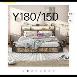 Y180🔥King Size Bed Frame with LED Light & Outlets USB Ports$150