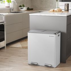 Trash Can, 2 x 8 Gallon (2 x 30 L) Garbage Can for Kitchen, with 15 Trash Bags, 2 Compartments, Plastic Inner Buckets and Hinged Lids, Airtight, White