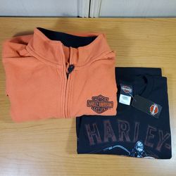 New Harley Davidson Men's XL 1/2 Zip Fleece Pullover XL Black T Shirt with U.S. Flag on Back