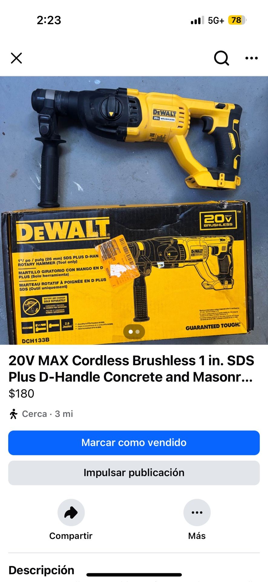 20V MAX Cordless Brushless 1 in. SDS Plus D-Handle Concrete and Masonry Rotary Hammer (Tool Only)