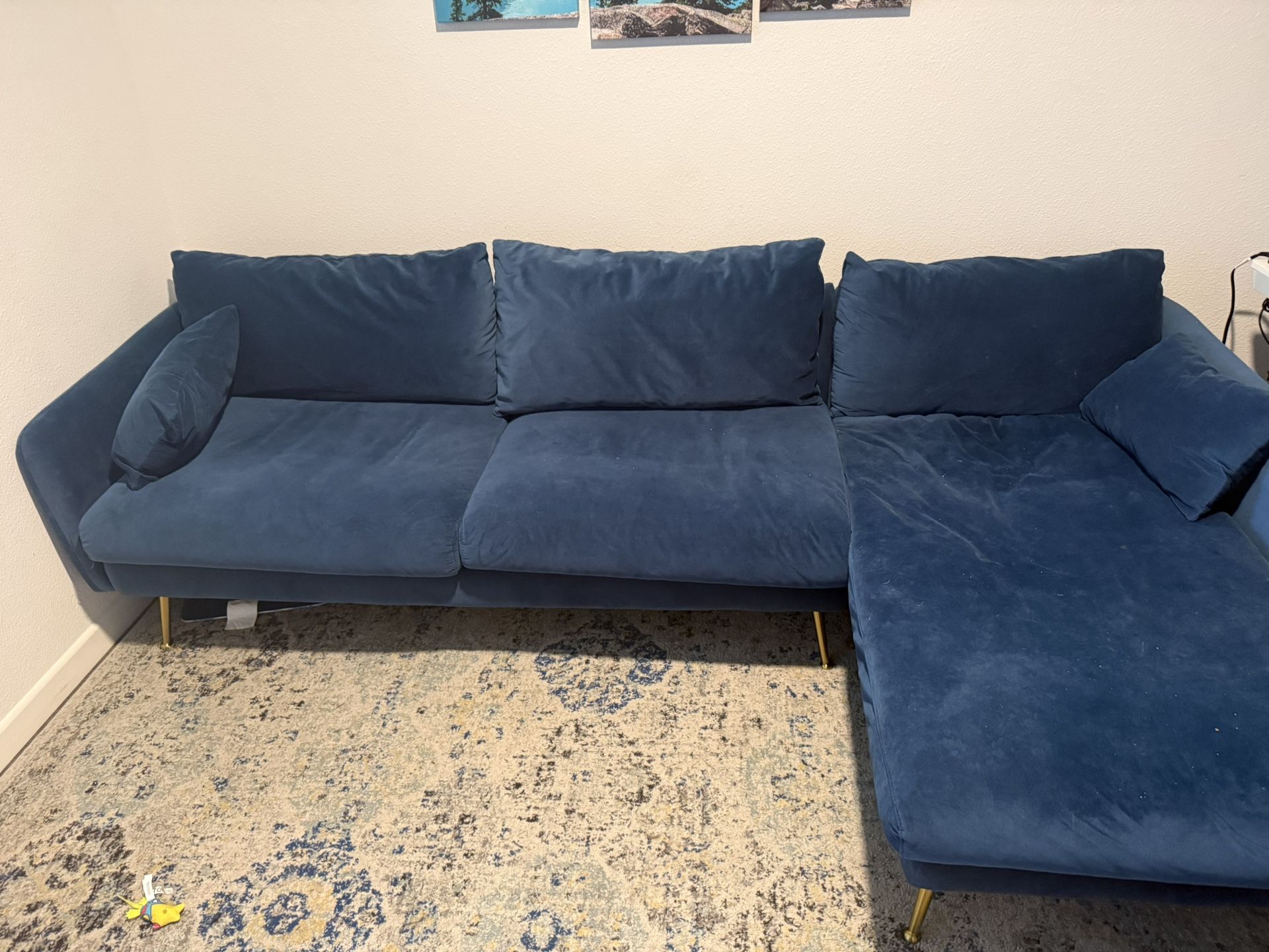 Large blue velvet Sofa With Right chaise