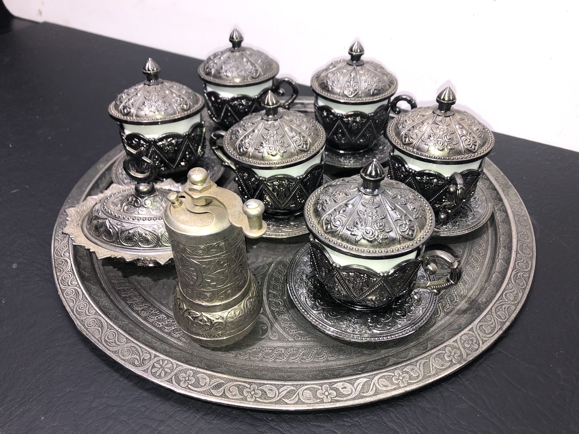 Acar ISO 9001 Ornate Silver Tray 13 3/4” and 6 coffee tea cups with ...