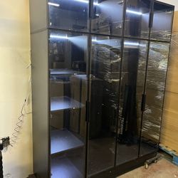 Wardrobe Cabinet with LED Light Strips, Modern Armoire Closet with Glass Doors, 59.1" W Large Bedroom Armoire Clothes Organizer with Shelve & Hanging 