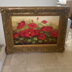 Poppy Red Flower Oil Ptg With Ornate Gold Frame 37x49 “