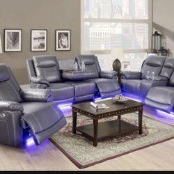 New Dark Gray Leather Recliner Powered Set Include Sofa, Loveseat And Chair With Cup Holders Console And LED Lights New In Sealed Packaging 