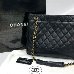 Chanel chain shoulder  tote black  leather with gold tone hardware