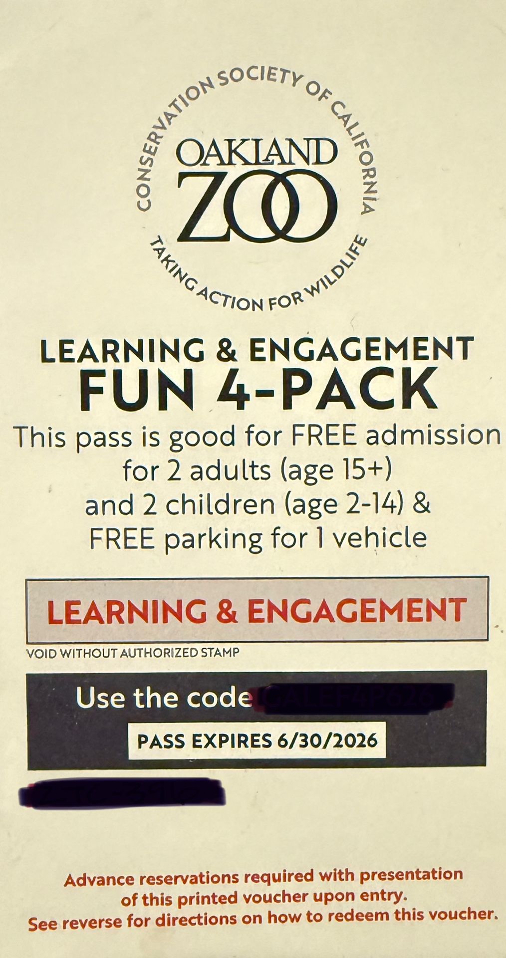 Oakland Zoo Fun 4-Pack & Parking, Learning & Engagement Pass