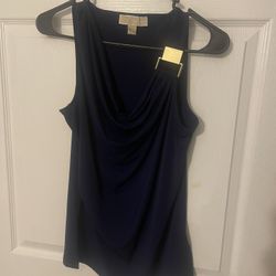 Michael Kors Blue Silk Tank With Gold Buckle Shoulder Accent