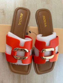 Soda Orange slide sandals with gold accent /Size 7