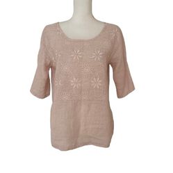 Lung O L'Arno Woman’s 100% Linen Round Neck Embroidered Pink Top, Sz S