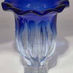 Shannon Crystal Designs Of Ireland Cobalt Blue Ruffle Top Vase  13" Hand Blown