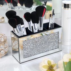 SHYFOY Mirrored Makeup Brush Holder Organizer, 3 Slot Glass Cosmetics Brushes Storage Holders with Crystal Crushed Diamond, Cute Pen and Pencil Holder