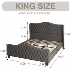 King Bed Frame with Button Tufted Wingback Velvet Headboard & Nailhead Trim, No Box Spring Needed, Noise Free, Black