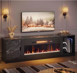 70 in. Black Marble TV Stand with Electric Fireplace Fits TV Up to 75 in. Entertainment Center with Cabinet