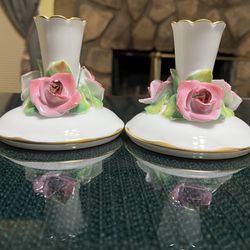 Vintage Pair of Okura Candlesticks Pink Roses on Glossy White Base