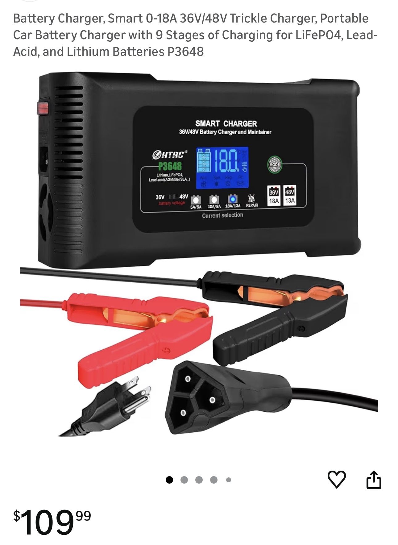 Battery Charger, Smart 0-18A 36V/48V Trickle Charger, Portable Car Battery Charger with 9 Stages of Charging for LiFePO4, Lead-Acid, and Lithium Batte