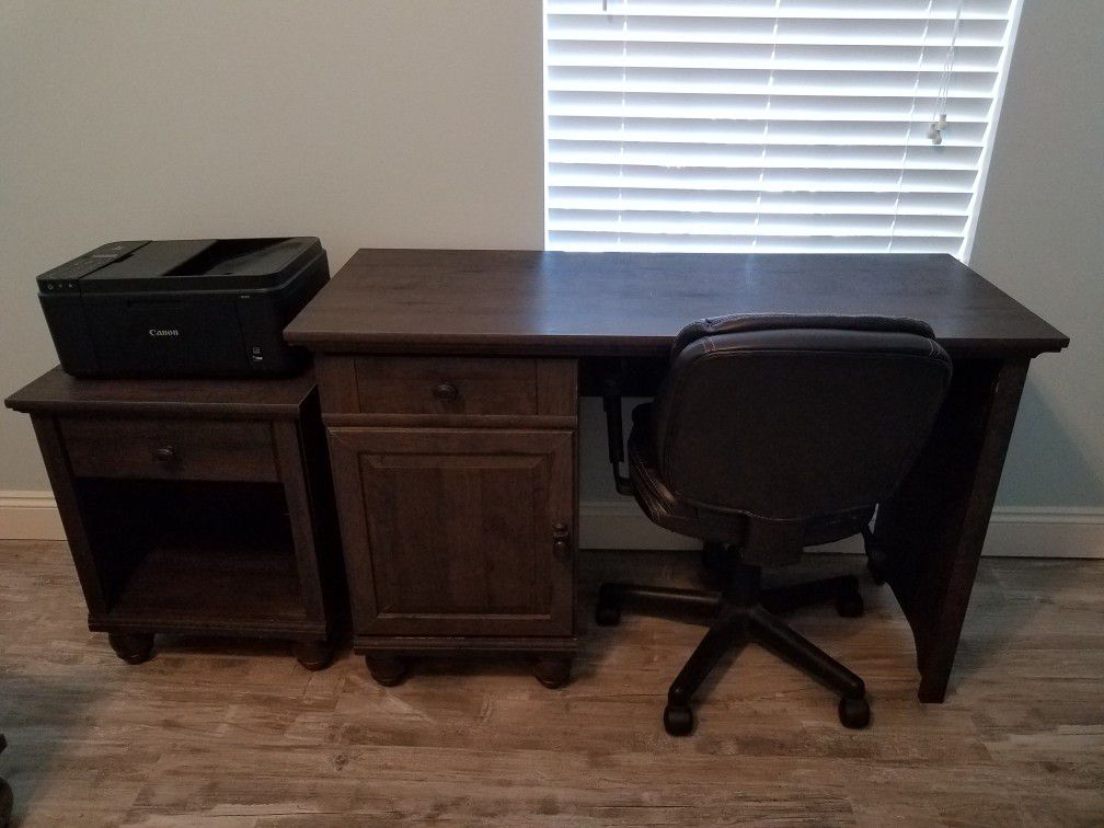 Desk, printer table, chair and printer