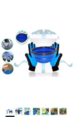 Pet hair remover gloves and foldable silicon bowl
