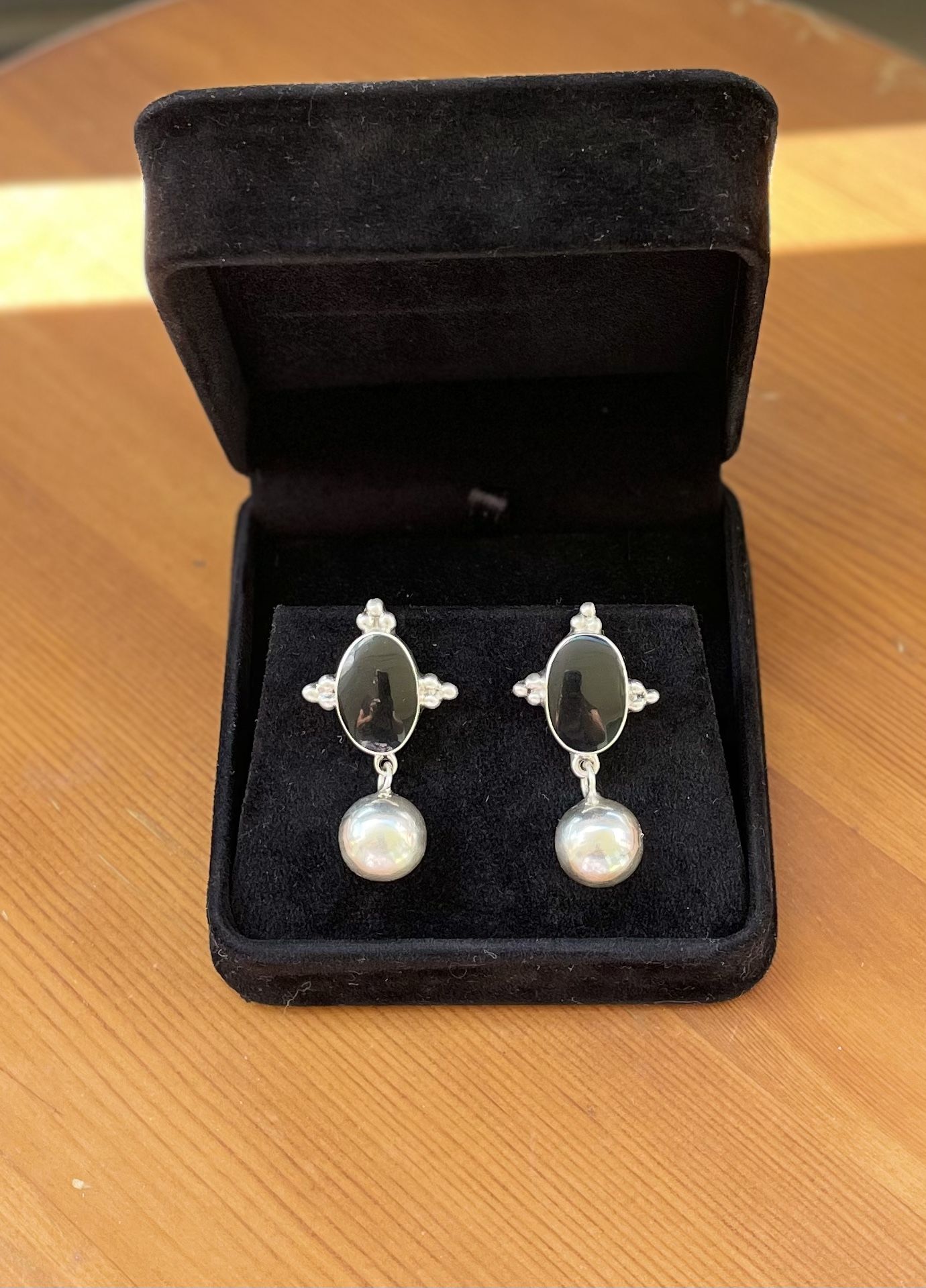 Vintage Mexico Black Onyx Pierced Earrings 925 Sterling Statement Dangle TM-120