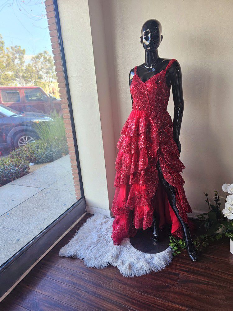 Burgundy tulle sequin A-Line gown with sheer corset bodice, it can be wear as off the shoulder  with ruffle high slit skirt /SIZE 10-Medium