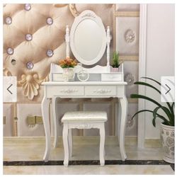     ChurchHomeCollections .co     Rotation White Mirror Dressing Vanity Table Makeup Desk with Stool