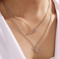 ONE LEFT Stunning Layered Rhinestone Star And Moon Women’s Fashion Necklace
