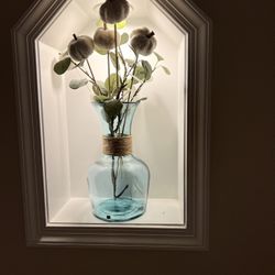 Nordic transparent glass vase with faux silver dollar eucalyptus & white pumpkin arrangement