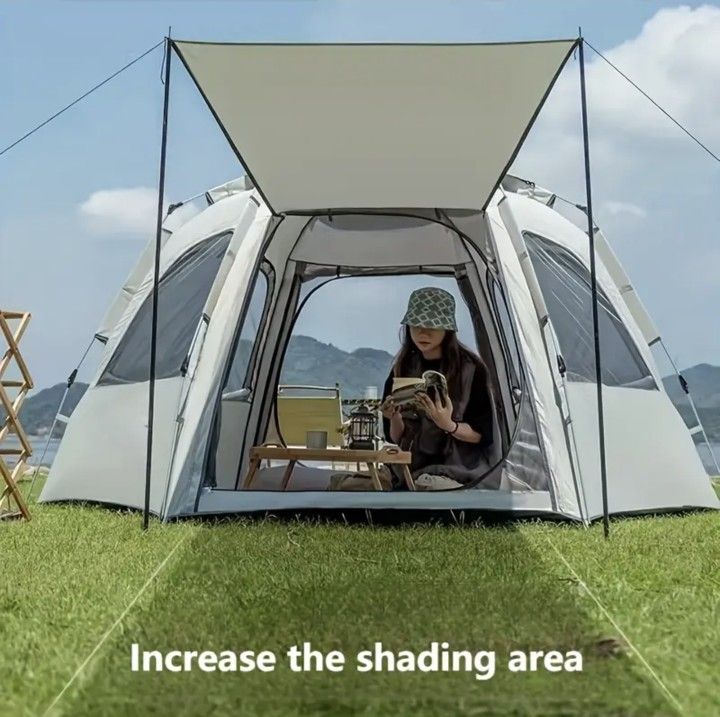 Hexagonal Oxford Cloth Automatic Tent - Quick-Opening, Water-Resistant, Foldable, and Portable - Complete Camping Set with Fiberglass Bracket and Zipp