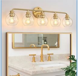 Bathroom Light Fixtures Gold Vanity Light 5 Light Brushed Brass Wall Sconces Lighting with Clear Globe Glass Shades Bath Wall Lamp for Mirror Kitchen