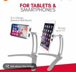 2-in-1 wall mount and countertop/tabletop stand designed for tablets and smartphones.
