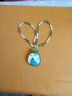 Handmade 20 Inch Beautiful Pearls & Green  Necklace With A Charm.