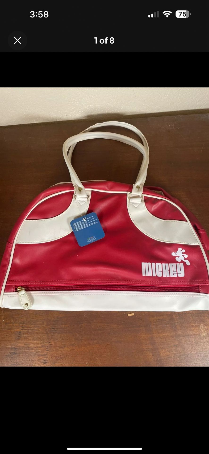 Mickey Mouse Vinyl Bowler Duffle Tote Bag Red and White Gym Bag Disney Vintage