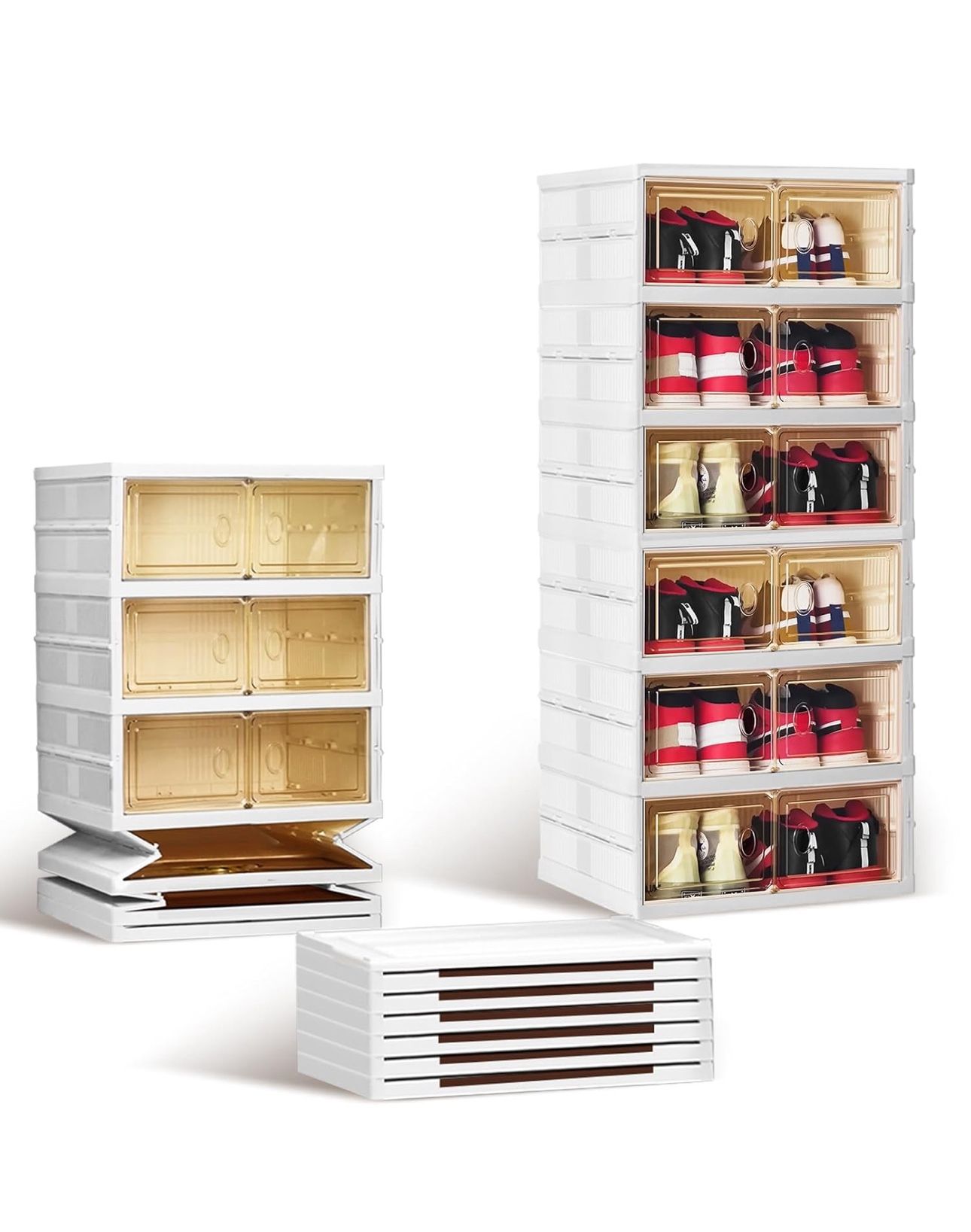 Foldable Shoe Rack, 6Tiers-12Pairs Shoe Organizers for Closet Plastic Storage Box Space Saving Stackable Sneaker Cabinet Bins with Magnetic Clear Door